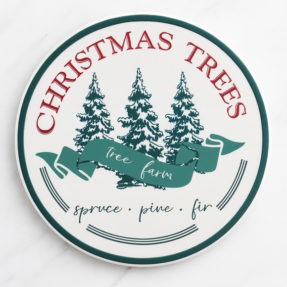 13. NWT Vintage Style Tin Christmas Tree Farm Sign– 14” Round Wall holiday Decor - Picture 1 of 1